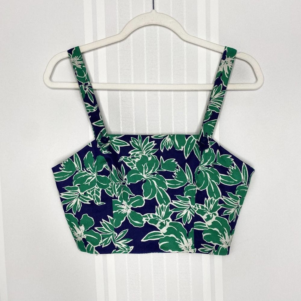 Forever 21 Floral Leaf Crop Top Tropical Sleeveless Medium Blue Green Bandeau